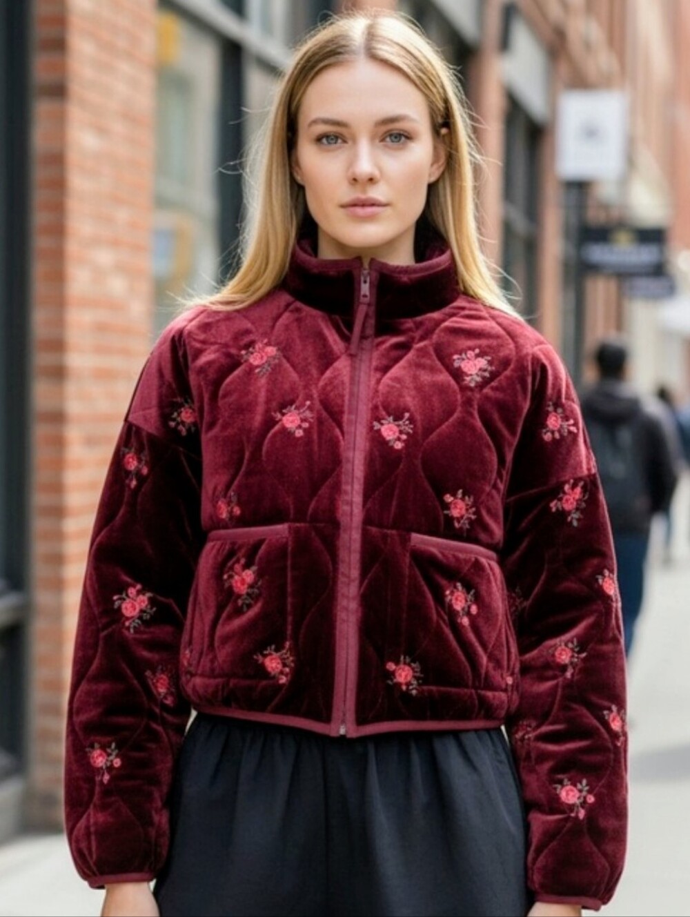 Altar'd State Burgundy Velvet Quilted Floral Jacket - Picture 4 of 8